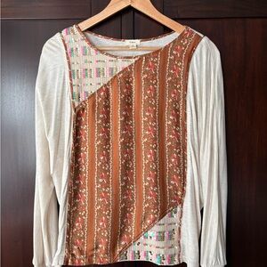 Anthropologie Cream and Brown Patterned Top